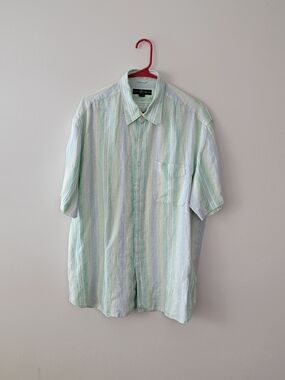 Indian Terrain Light Green White Striped Short-Sleeve Button-Down Shirt Linen XL